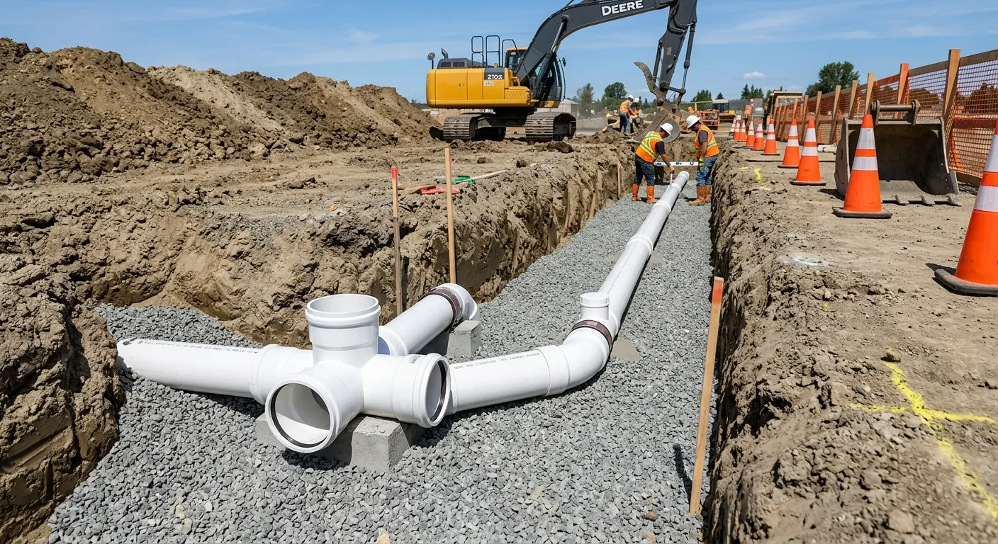 New PVC sewer pipe installation in open trench for Grease Trap Cleaning in Wyoming