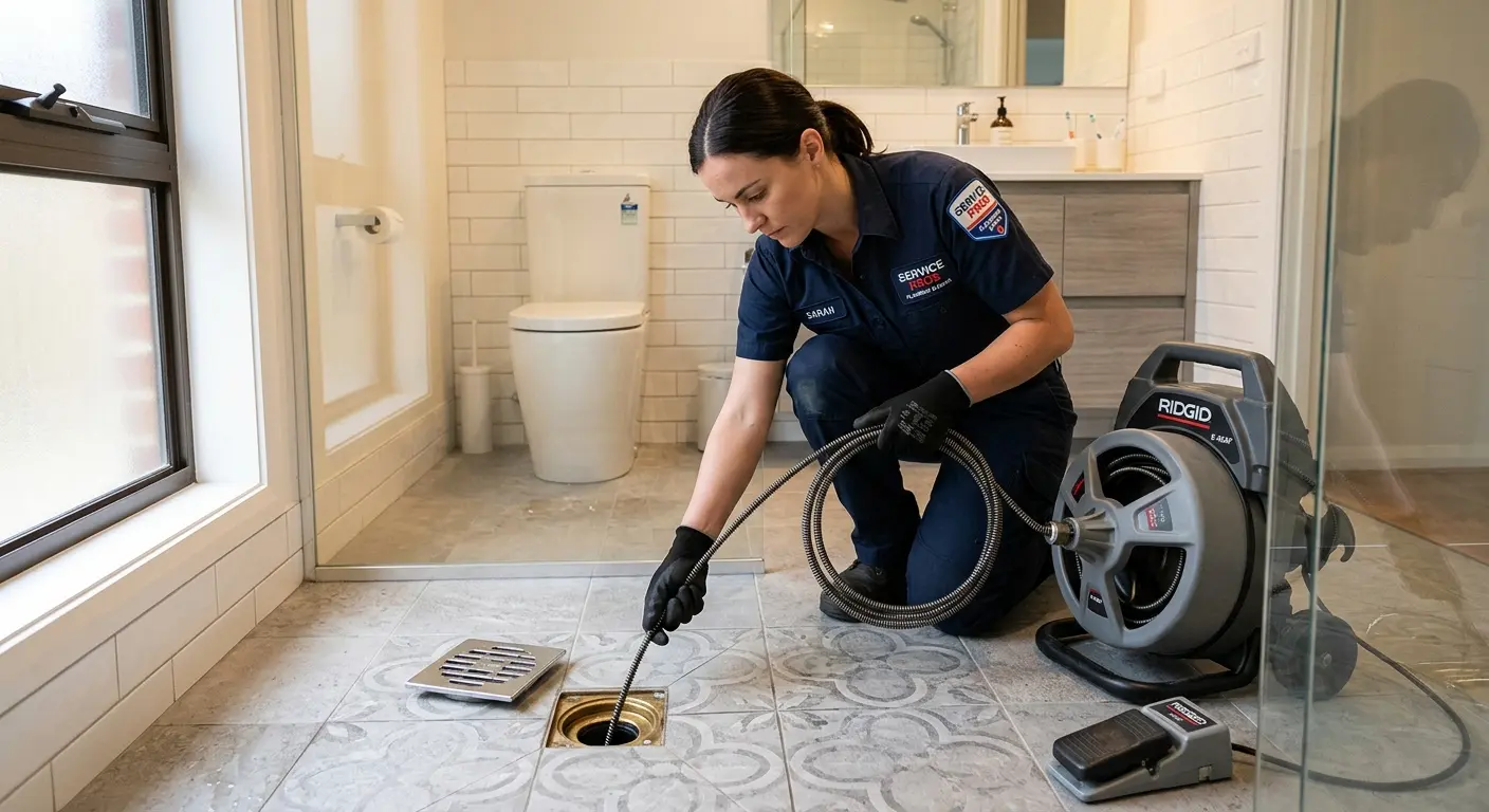 Technician clearing a bathroom floor drain for Sewer Line Replacement in Wyoming